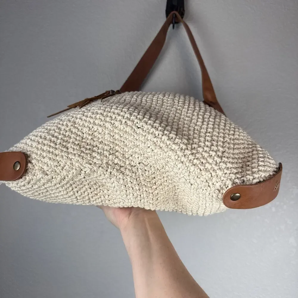 Lucky Brand Ivory Cotton Crochet Leather Trim Boho Hobo Shoulder Bag Purse Tote